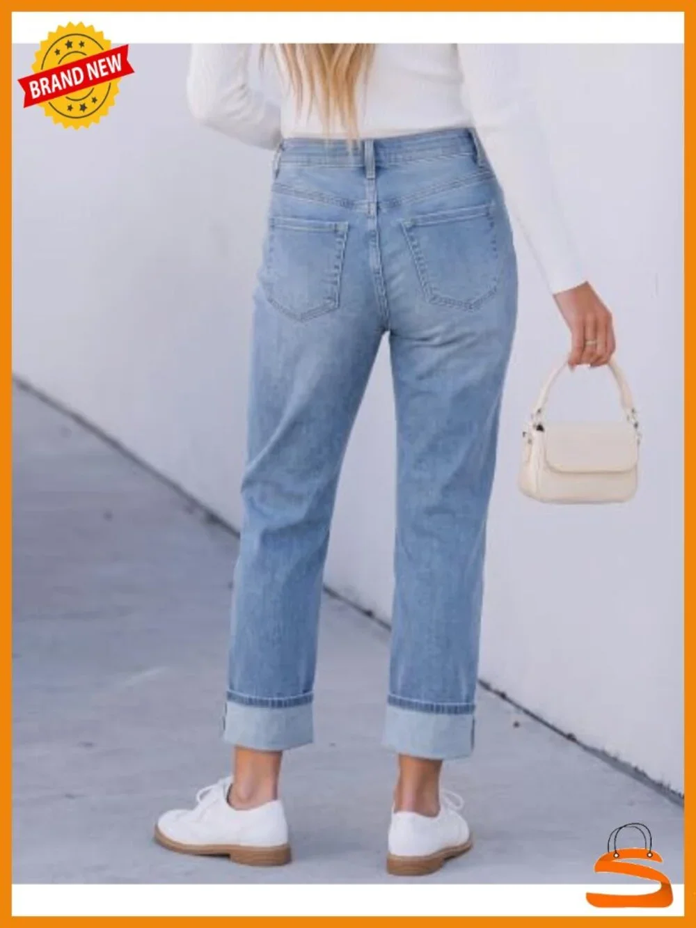 High Waist Cropped Straight Leg Jeans Distressed Wash Cuffed Hem Stretch Denim